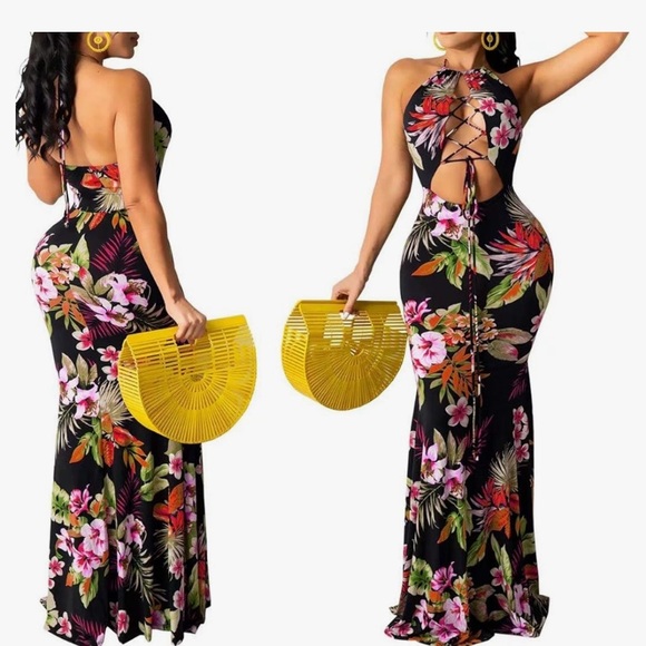 Backless maxi dresses for women summer stretchy and tropical print - Picture 5 of 5